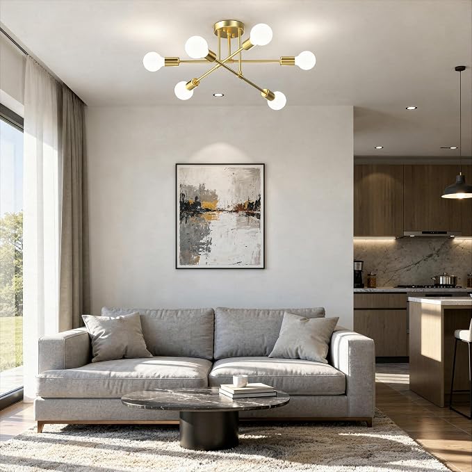 Modern Sputnik Chandelier Ceiling Light Fixtures, 6-Lights 22” Mid Century Industrial Metal Semi Flush Mount for Dining Room, Bedroom, Living Room-Brushed Gold