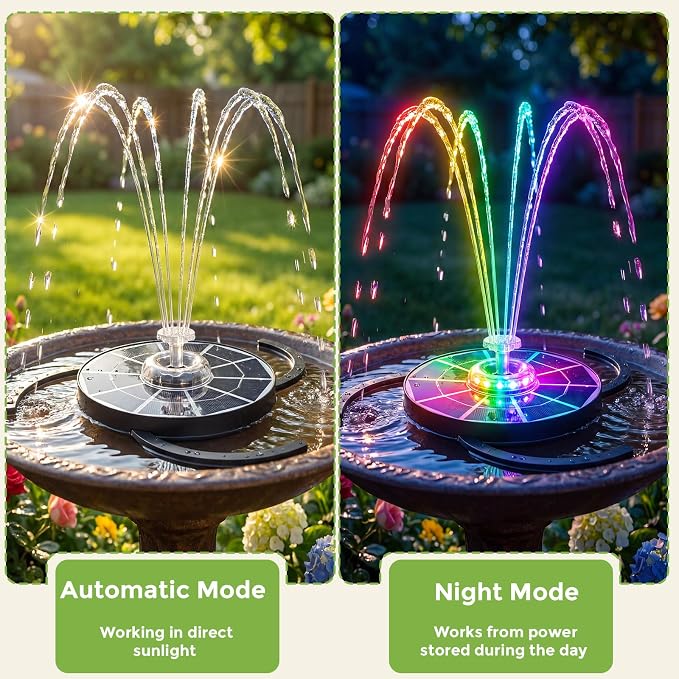 AISITIN 4W Solar Bird Bath Fountain with Lights, Rechargeable Floating Solar Water Pump with 2200mAh Battery & Upgraded Glass Panel, 2026 LED Outdoor Fountain for Garden, Pond, Pool & Patio