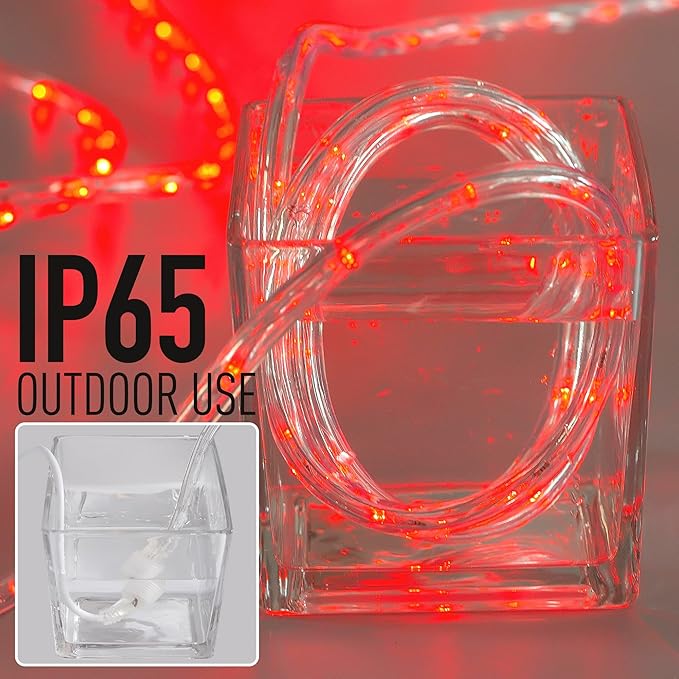 Waterproof LED Rope Lights, Connectable & Flexible with 8 Modes, Outdoor Lighting for Deck, Garden, Pool, Patio & Christmas Decor (RED, 20ft)