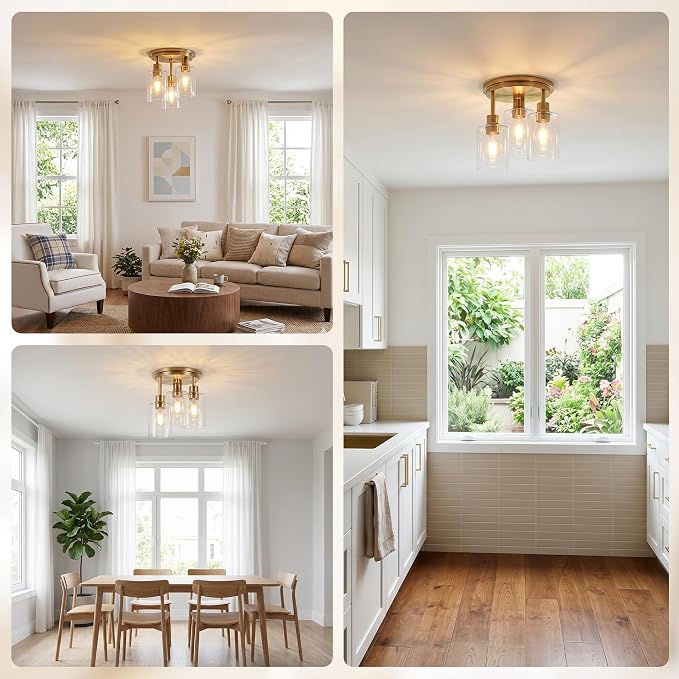 Semi Flush Mount Ceiling Light, 3-Light Close to Ceiling Light Fixtures, Brass Gold Finish Kitchen Light Fixtures with Clear Glass Shade Patriot Lighting for Entryway Porch Hallway, 8.8"X11"