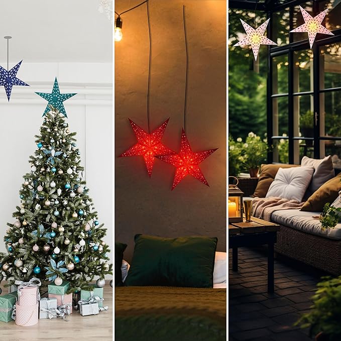GalaxyArts Blue Paper Star Lantern, 24 Inch 3D Illuminated Starlite Hanging Lamp, Handcrafted Hollow Decoration for Weddings, Parties, Christmas, Holidays, Easy to Hang Indoor/Outdoor Home Décor