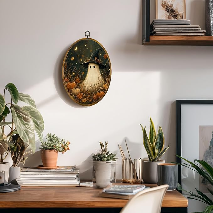 Ghost Witch Pumpkin Oval Wall Art, Framed Canvas Decor, 8.5x11.5 Inch | Cute ghost in witch hat, pumpkins, fall leaves, mushrooms and crescent moon decor