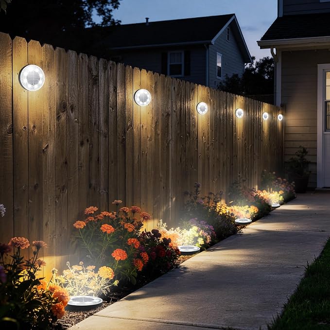 Joomer 2-in-1 Solar Lights Outdoor Waterproof, 4 Pack 8 LED, White | Solar Powered Garden Lights Ground Disc Landscape Lighting for Patio Pathway Lawn Yard Driveway Walkway Deck Step