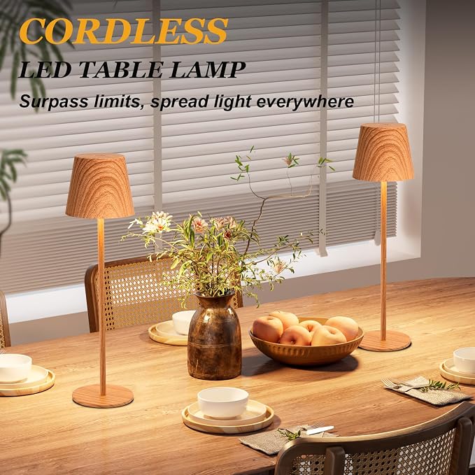 Kakanuo Wood Grain Cordless Table Lamp Rechargeable - 2 Pack 5000mAH Battery Operated Lamp for Counter, 3 Color Stepless Dimming Wireless Lamp for Dining Kitchen, Outdoor Patio, Touch Control