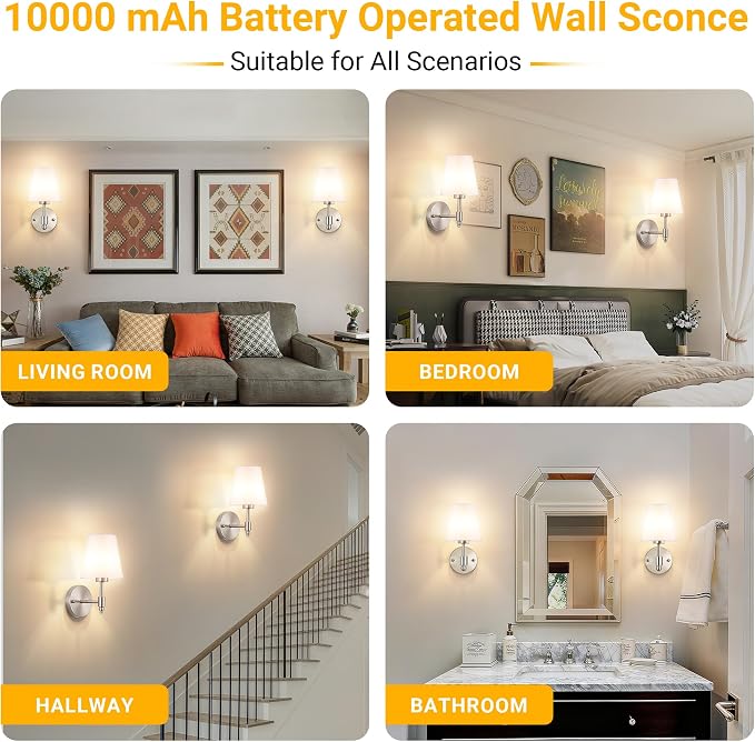Vimhou Peel and Stick Wall Sconces, Stick On Wall Sconce Set of 2, Battery Operated Wireless Wall Light, No Drill Adhesive Wall Lamp, Corn Bulb with 10000mAh Rechargeable Battery, Bedroom Wall Decor