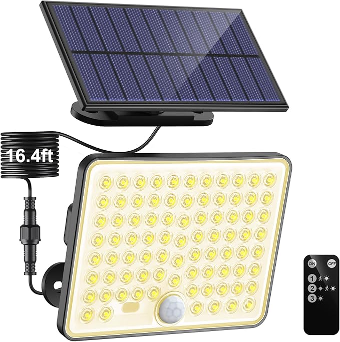 nipify Solar Lights Outdoor,3 Modes Solar Flood Lights Outdoor with Remote Control,IP65 Waterproof Solar Security Lights, 16ft Cable Solar Motion Lights for Outside Yard Garage Garden Dusk to Dawn