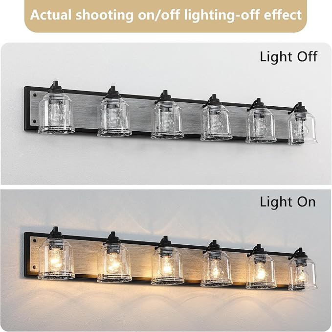 Vanity Lights for Bathroom Large 48 inch, Farmhouse Rustic Vanity Light with Bubble Glass Shades, Gray 6 Light Bathroom Lighting Fixtures Over Mirror, Bath Wall Sconce Home Decor