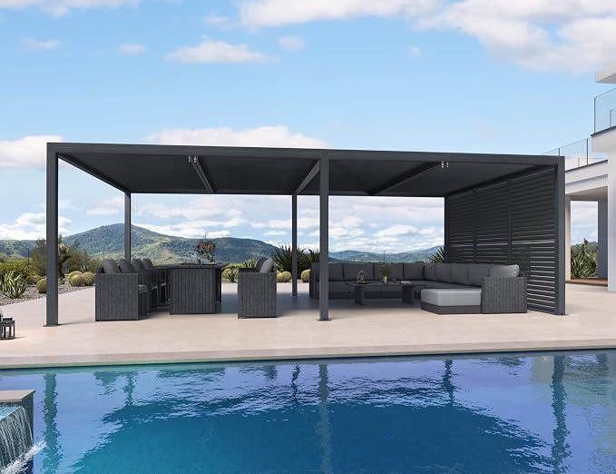 PURPLE LEAF Louvered Pergola 14' x 24' 94AS w/ 1W Side Shutter Wall Grey | Four Adjustable Roofs, Reinforced Beams, All-Aluminum Rustproof, Plus Privacy Shutters For Outdoor Escape, Wind Resistant