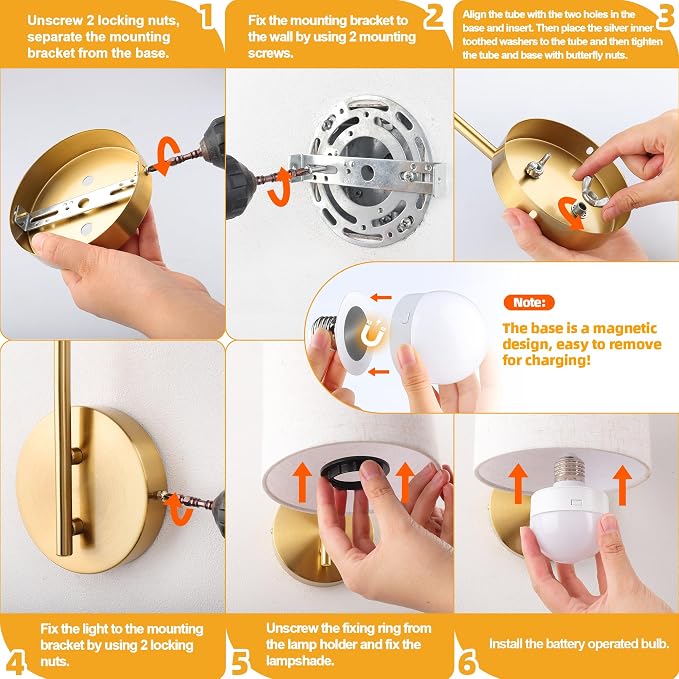 Battery Operated Wall Sconce Set of 2, Gold Wall Light Fixture | Rechargeable Wall Mount Light, Dimmbale Bulb & Remote, 12 RGB Colors & Timer, Wireless Wall Lamp Linen Shade, Bedroom Hallway