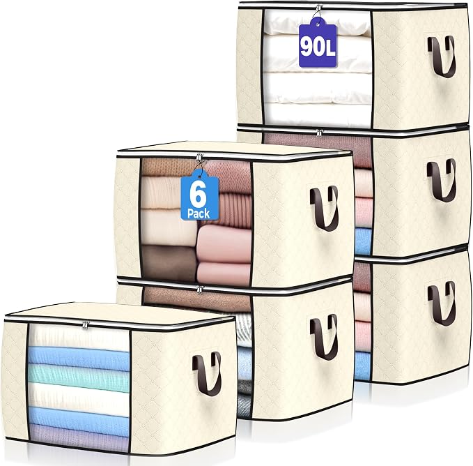 90L Large Storage Bags, 6 Pack Clothes Storage Bins Closet Organizers | Foldable Storage Containers, with Reinforced Handle, for Clothing, Blanket, Comforters, Bed Sheets, Pillows and Toys