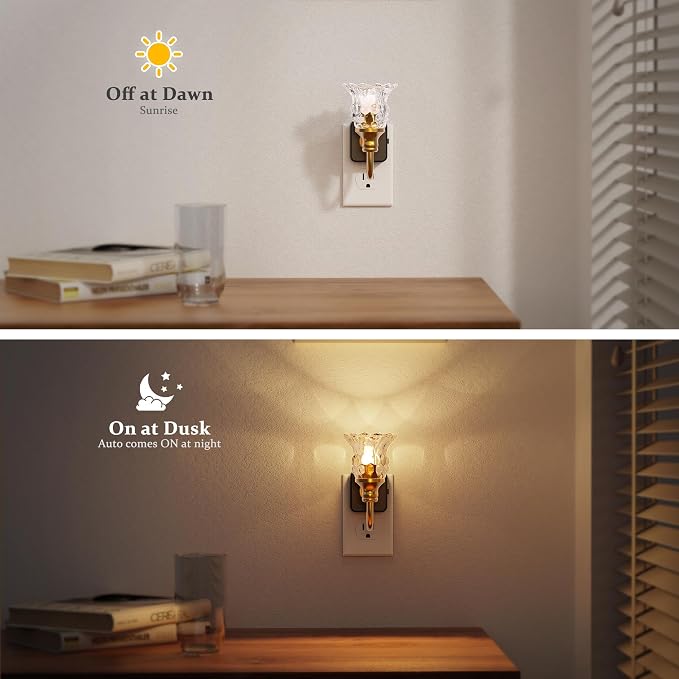 JandCase Night Light, Floral Night Lights Plug into Wall, Glass Nightlight | 0-100LM Dimmable Flower LED Nightlights with Light Sensor, 1W Vintage Nite Light for Bathroom Hallway Gift Vanity Decor