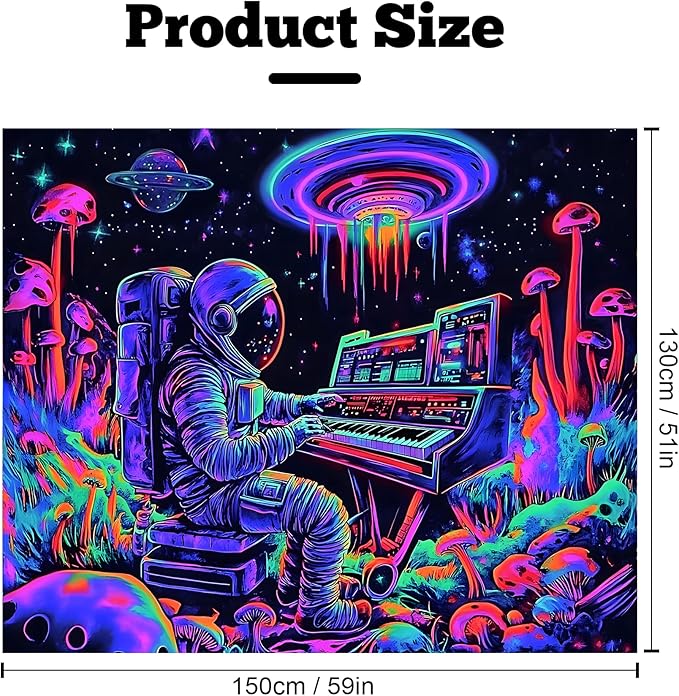 BVBOX Astronaut Space Blacklight Tapestry 59"x51", UV Reactive Astronaut Electronic Piano Universe Galaxy Planet Glow in Dark Music Tapestries, Black Light Neon Upright Poster Wall Hanging Backdrop Decor for Bedroom Living Room