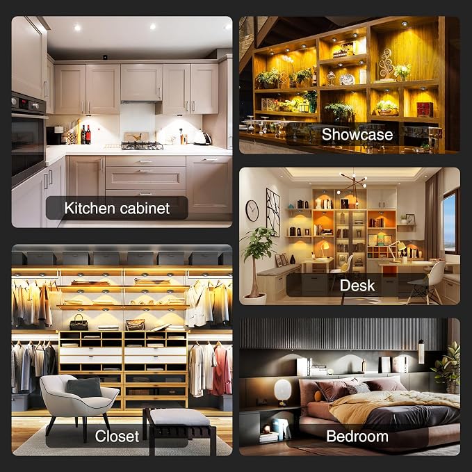 Puck Lights with Remote Control,Under Cabinet Lighting,black,5PCS | 2200mAh Rechargeable Push Light,3 Color Temperatures Dimmable Under Cabinet,Closet Light,Tap Light for Shelf,Bookcase
