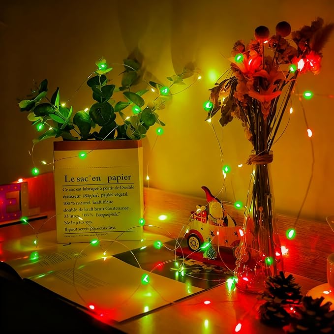 24 Pack Fairy Lights 7Ft 20 LED Twinkle String Lights 3 Modes Battery Operated Waterproof Firefly Starry for Mason Jar Party Wedding Christmas Valentines Day Table Centerpieces,Red&Green