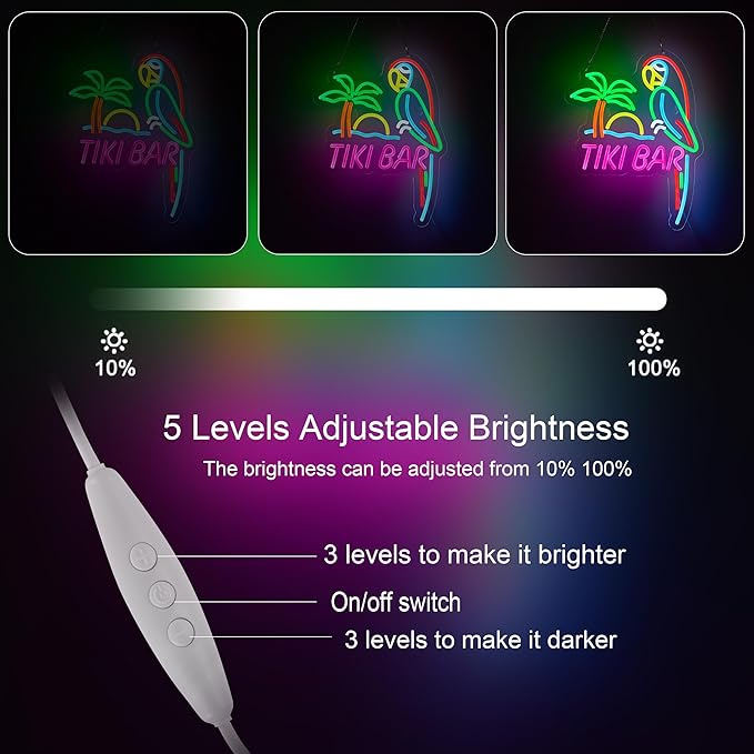 ZODZ Tiki Bar Parrot Neon Light Sign for Wall Décor Hawaii Pool Tiki Bar Party Dimmable Switch LED Lights with USB Powered for Man Cave Decor Gift.