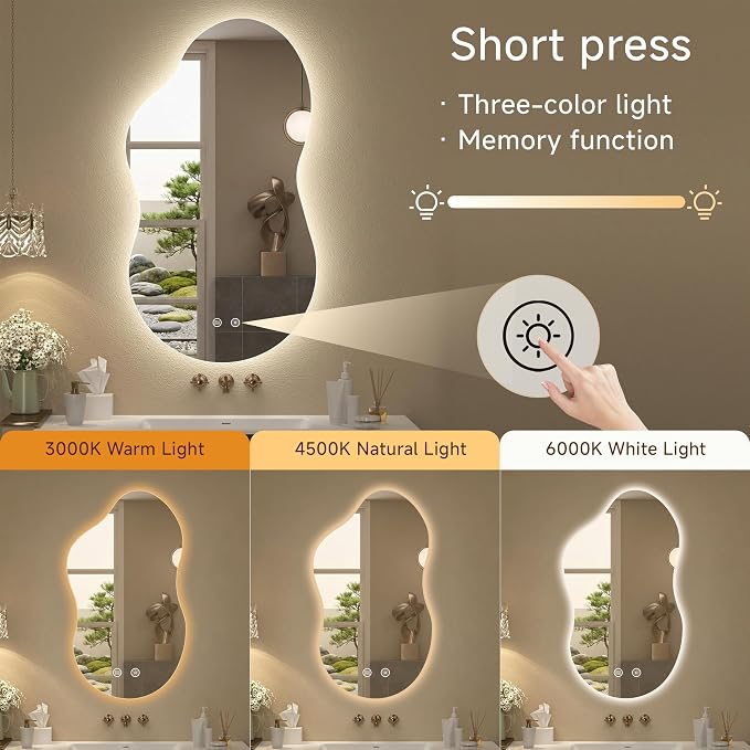 Irregular Backlit Mirror with Lights 20"x36" Asymmetrical Cloud Mirror Led Bathroom Vanity Mirror for Wall Abstract (Horizontal/Vertical)