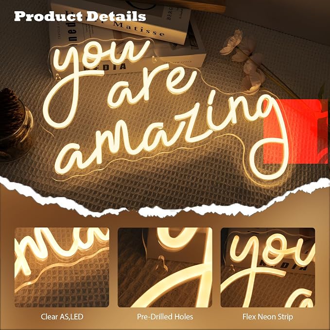 You Are Amazing Neon Sign Warm White Usb Word Neon Lights for Wall Decor Led Letter Light Up Sign for Classroom Bedroom Home Bar Man Cave Party Birthay Wedding Gifts