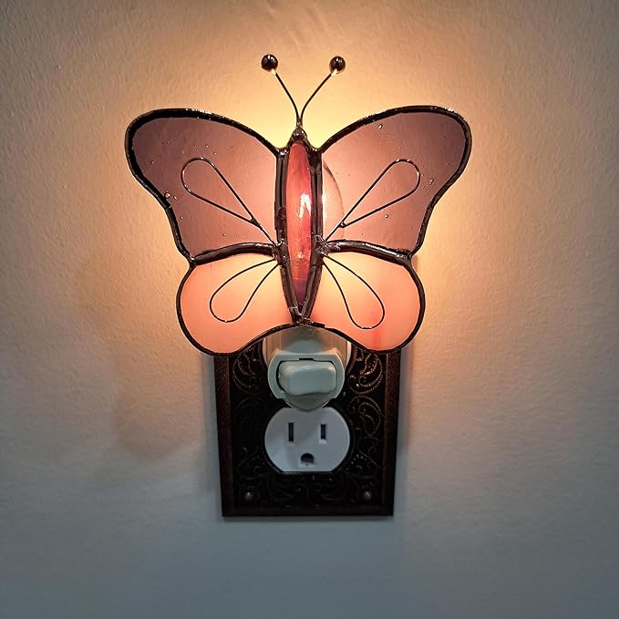 Gift Essentials Pink and Purple Butterfly Plug in Night Light - Stained Glass Nightlight with On/Off Rocker Switch - Includes One 4 Watt Replaceable Incandescent Warm Glow Bulb