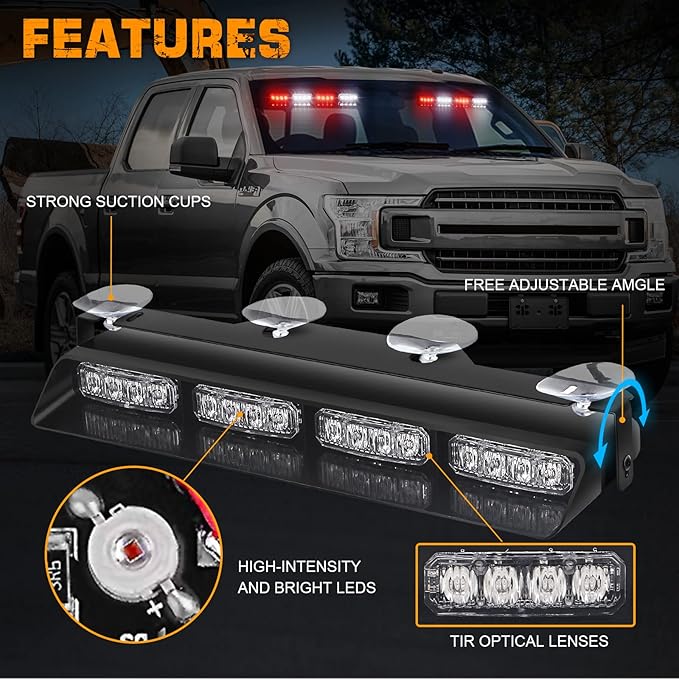 XRIDONSEN Emergency Dash Strobe Lights Safety Flashing Warning Hazard Interior Front/Rear Windshield Deck Split Lights for Volunteer Firefighter Vehicles Trucks (2x14 inch, Red White)