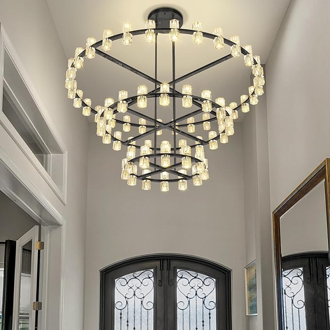 3 Tier Black Large Wagon Wheel Chandelier, 124-Lights Farmhouse Pendant Light Fixture, Rustic Round Chandelier for Foyer Entryway Living Room (Dia 59"+40"+24")