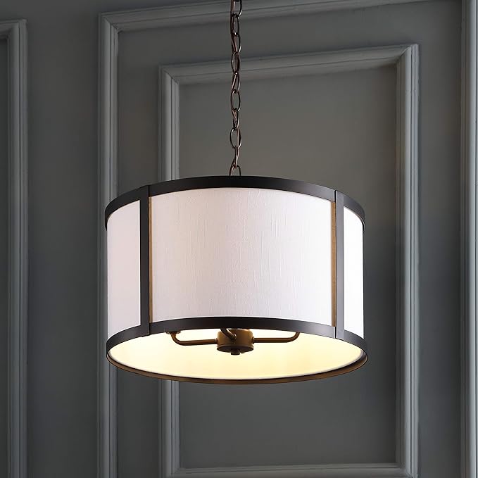JONATHAN Y 17" Oil Rubbed Bronze Metal LED Pendant Light for Kitchen Island, White Linen Drum Shade, Transitional Ceiling Hanging Fixture for Dining Room, 4 Bulbs Included JYL3510A