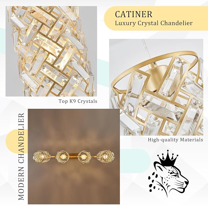 CATINER 40" Gold Crystal Linear Chandelier, 4-Light Kitchen Island Pendant | 40-inch gold crystal linear chandelier with adjustable height, 4 E26 lights, dimmable for kitchen islands and dining rooms