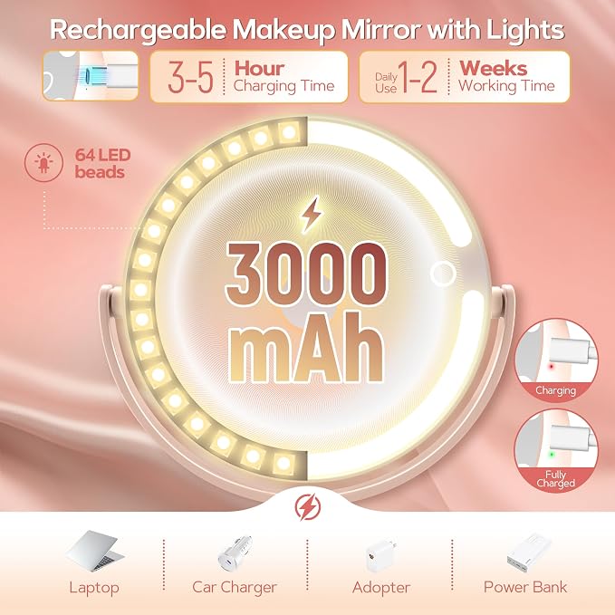 Makeup Mirror with Lights, Lighted Magnifying Mirror 30X with 3 Lighting and Adjustable Brightness, 2-Sided Height Adjustable Vanity Mirror for Bathroom, Gifts for Women Pink