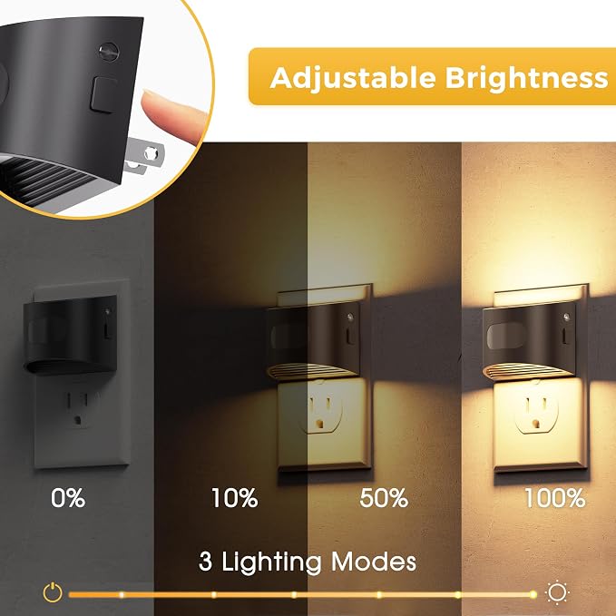 L LOHAS LED Motion Sensor Night Light, Night Lights Plug into Wall, 4 Pack | Nightlight with Dusk to Dawn & Motion Detection Sensor, 30-100Lm Adjustable Brightness, 3000K Warm White, Black Housing