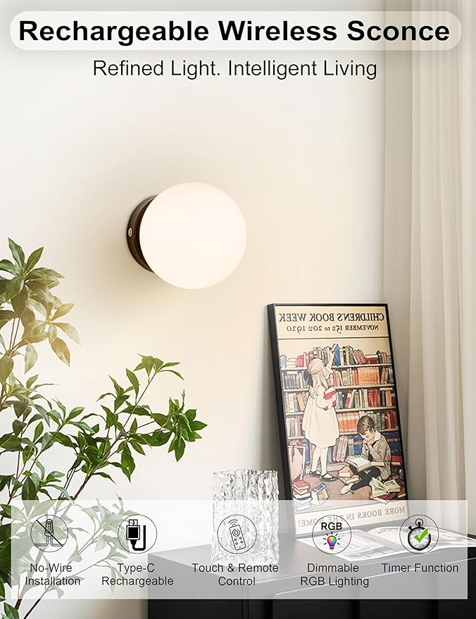 Battery Operated Rechargeable Wall Sconce Single, Matte Black Opal Glass Globe Wall Lamp, Wireless Touch & Remote Control, Dimmable 3 CCT + 12 RGB Colors for Bedroom Living Room Hallway