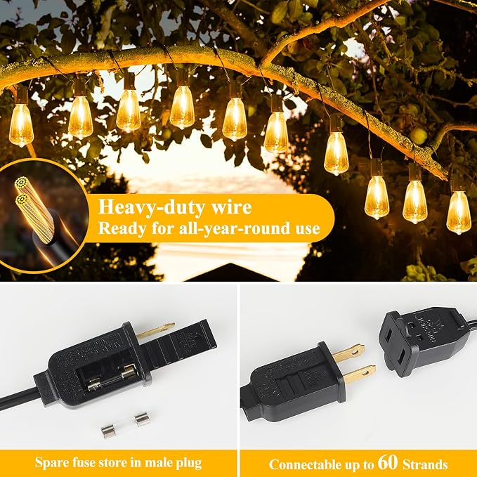 25FT Outdoor String Lights 13 Bulbs, 2200K Amber Lights | 1 Spare ST38 Edison Bulb Dimmable, Connectable Plug-in LED Patio Lights for Outsiede, Cafe, Wedding, Christmas