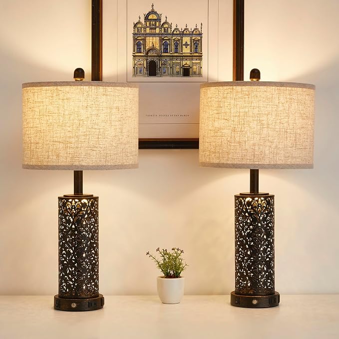 SAIWEYA 26" Set of 2 Farmhouse Table Lamp for Bedroom, Dimmable Touch | 3 Way Dimmable, 2 USB Ports + AC Outlet Bedside Lamp for Nightstand, LED Bulb Included, Fabric Shade, Flower Metal Body