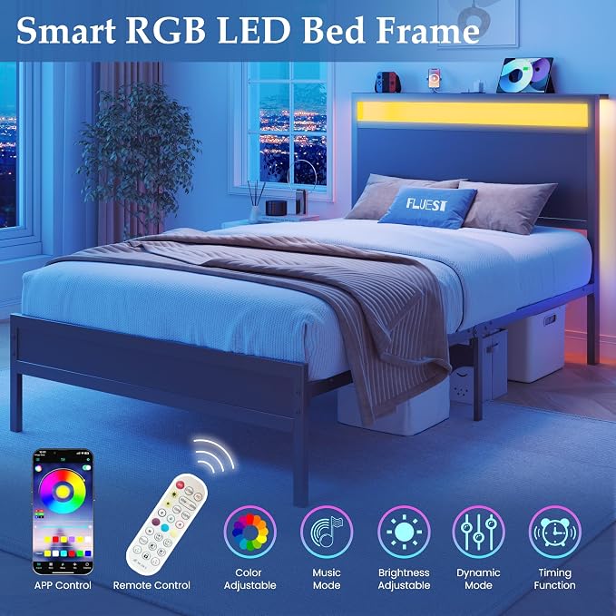 Fluest Twin Bed Frame with Headboard & Footboard, Twin Bed Frame with Charging Station & LED Light, Under-Bed-Storage, No Box Spring Needed, Noise Free, Easy Assembly, Classic Black