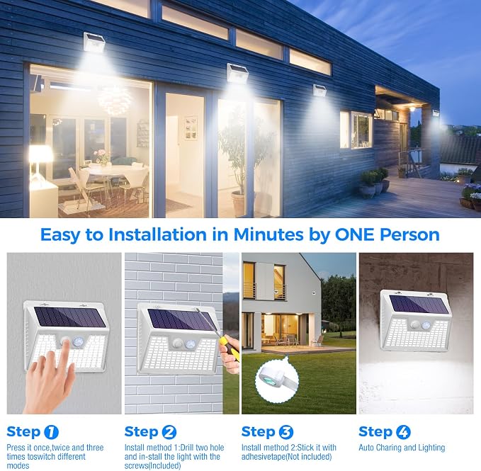 Solar Lights Outdoor Waterproof [12 Packs/140 LEDs], 3 Lighting Modes Motion Sensor Ultra Bright Security Lights for Outside Fence Patio Deck[White]