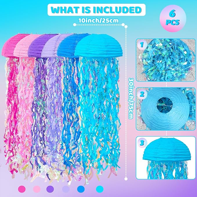 ADLKGG Pink Purple Blue Jellyfish Paper Lanterns, Under The Sea Party Decorations, Hanging Jelly Fish for Mermaid Birthday Ocean Themed Party Decorations, Baby Shower Classroom Decor, 6PCS