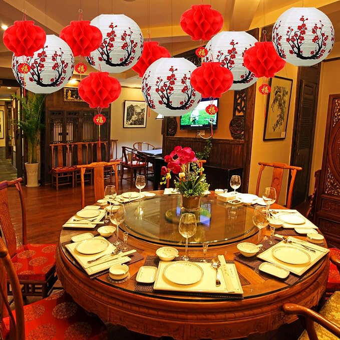 Mudder 20 Pack Chinese Japanese Paper Lanterns, Red Sakura Cherry Blossom Hanging Lantern Decorations, Asian Theme Party Supplies for Birthday Wedding Restaurant Home Decor, Traditional Style