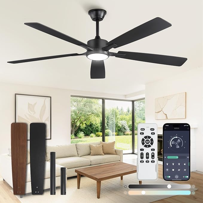 Fanbulous 60 Inch Ceiling Fans with Lights and Remote, Black | Stepless Color Temperature Change & Dimmable 20W LED Ceiling Fan, 6 Speeds Reversible Quiet DC Motor, for Bedroom Living Room