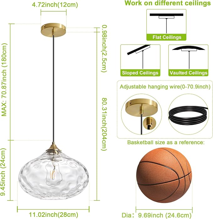 11in Gold Pendant Lights Kitchen Island with Hammered Clear Glass Shade 1PC | Handcrafted Glass Pendant Light Fixtures, UL Certified, E26 Base 100W Max, Height-Adjustable, Dimmable Hanging Pendant Light
