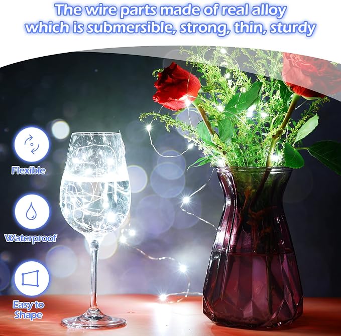 100 Packs Fairy Lights Battery Operated 3 Speed Modes, 7 Ft/ 2 M 20 LED Battery String Mini Waterproof Wire Twinkle Lights Bulk for Wedding Party Birthday Vases Decor (Cool White)