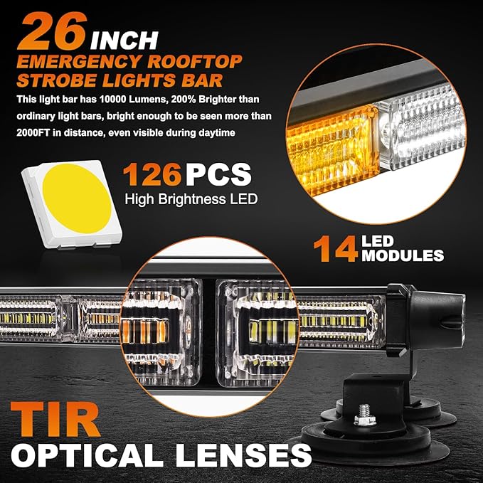 ASPL 26inch 126 LED Rooftop Emergency Strobe Lights Bar Double Side Flashing Safety Warning Traffic Advisor Light Bar Hazard Snow Plow Light for Trucks Vehicles Construction Tow Pickup(Amber/White)
