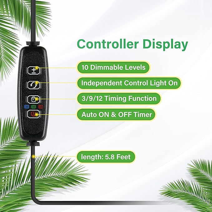 iPower 20W LED Plant Grow Light Strips Full Spectrum for Indoor Plants with Auto ON/Off 3/9/12H Timer, 10 Dimmable Levels 48 LEDs Per Light Strip, 2 Tubes, Yellow