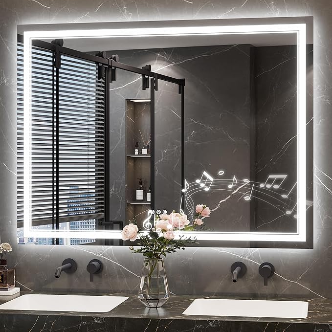 Keonjinn 48" x 36" Lighted Mirrors for Bathroom Wall with Bluetooth Speaker, Frontlit & Backlit LED Bathroom Mirror, Bluetooth Mirror Bathrooms, Tempered Glass, Safe Defogger, 3 Color Lights, Dimmable