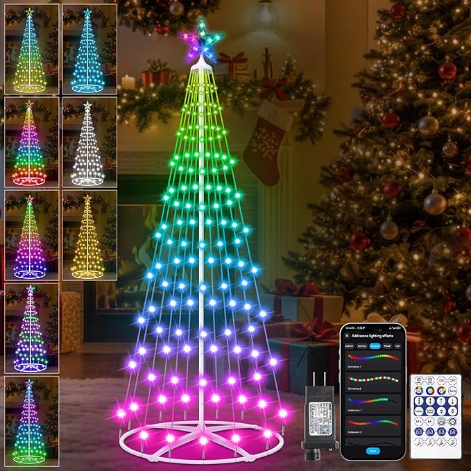 4FT Smart LED Christmas Cone Tree Light, Prelit Christmas Tree Lights with App & Remote, DIY, Color Changing, Music Sync, Waterproof Outdoor Lighted Christmas Tree for Yard Porch Xmas Decoration