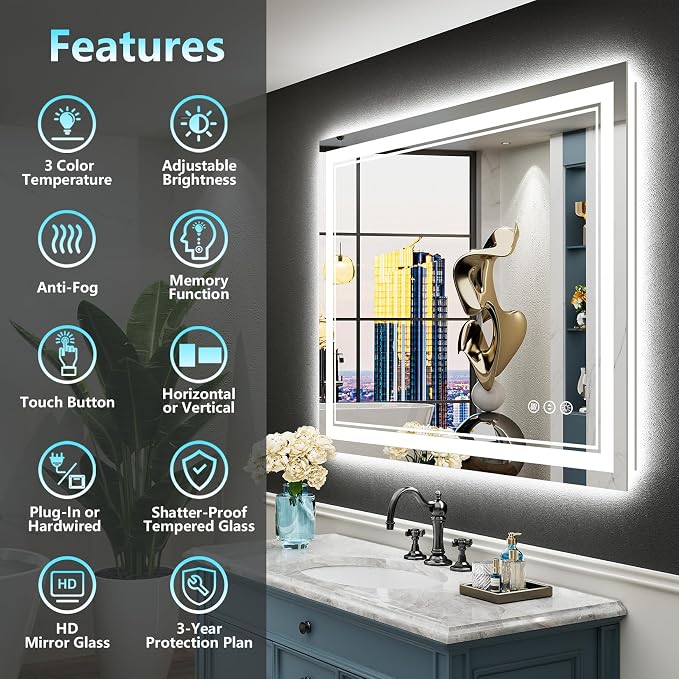 40x32 LED Bathroom Mirror, Backlit & Front Lit Lighted Mirror | Anti-Fog Vanity Mirror with Lights, 3 Color Dimmable, Memory, HD Tempered Glass, CRI95, IP54, UL Listed, Horizontal/Vertical