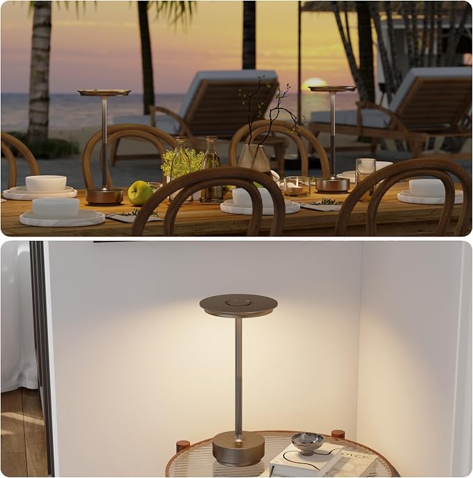 TBBGA 1 Pack Rechargeable Table Lamps Cordless, 5000mAh Outdoor Table Light | 3 Color Stepless Dimming Portable LED Table Lamp with Memory Function, for Home/Dinner/Patio/Restaurant.(Light Cafe)