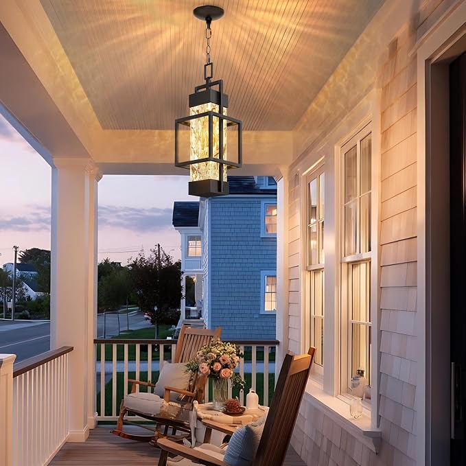 Hotsonic 15'' Outdoor Indoor Pendant Celing Light Fixture, Modern Exterior Hanging Chandelier Porch Lights, Black Aluminum Outside Lantern Lamp for Entrance Foyer Entryway (Bulb Included)
