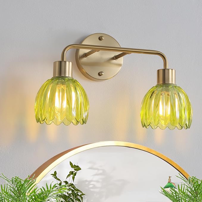 2-Light Gold Brass Bathroom Light Fixture,Wall Sconces,Brushed Gold Vanlity Light Over Mirror,Bathroom Vanity Light with Green Glass Flower Shade,E26 Socket(Bulbs Not Included)