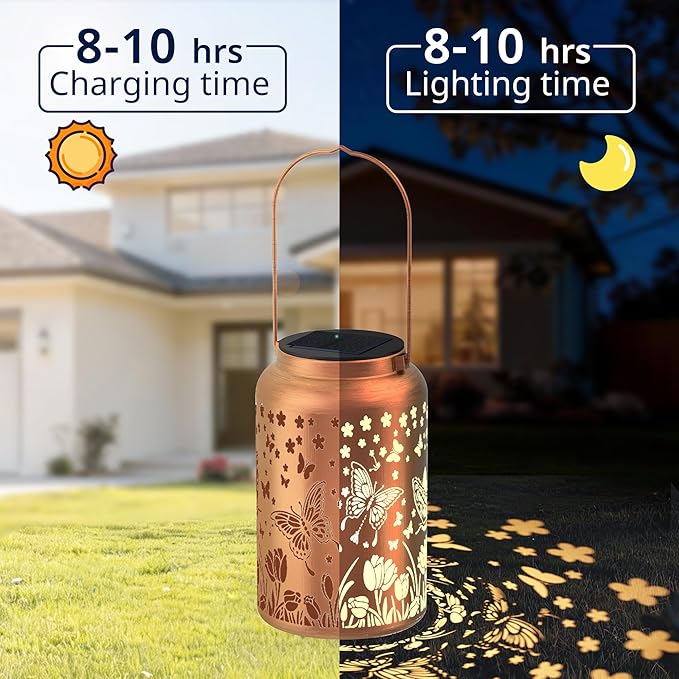 Solar Lanterns Outdoor Waterproof,Butterfly Solar Lantern Gift for Women Girl Mom Grandma ,Valentine Gifts,Metal Hanging Solar Lantern for Yard,Garden,Porch Landscape Deconrations-2 Pack