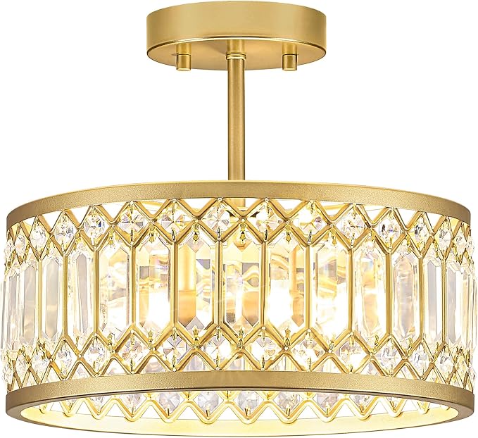 Pevfah Crystal Gold Ceiling Light, 3-Light Semi Flush Light Fixture, 12 in | Flush Mount Dining Room Chandelier, Modern Light Fixture Ceiling Mount for Kitchen, Entryway, Bedroom, Bulbs Not Included