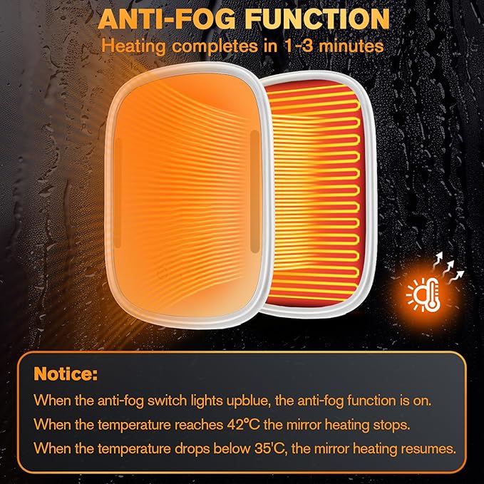 Heated Shower Mirror Fogless for Shaving with Light, Rechargeable Battery, Detachable Adhesive Hook & Razor Holder, NO-Drilling Waterproof Anti-Fog Mirror, Gift for Men(White)