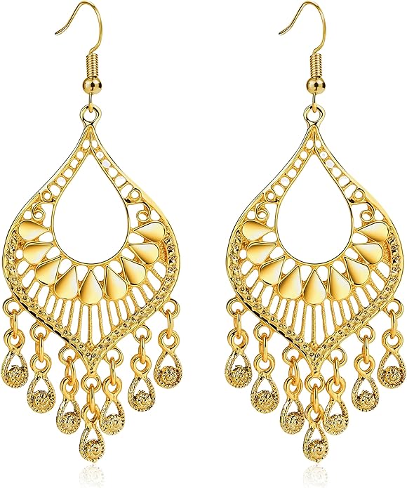 Silver 14K Gold & Rose Gold Plated Boho Chandelier Earrings – Intricate Bohemian Earrings with Filigree and Tassel Earrings for Women Trendy